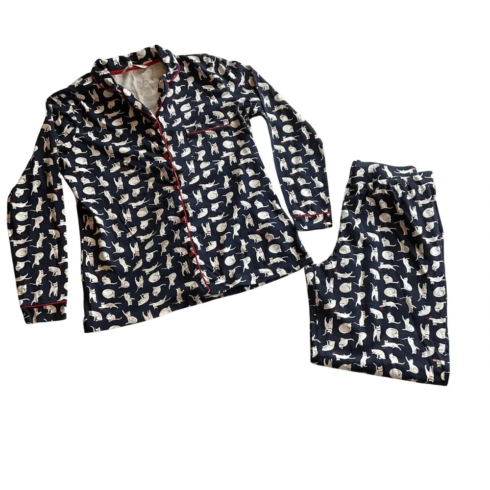 Woman's Pajama Set Women‎ Size 10 Navy Blue Cat Print 100% Cotton Long Sleeve